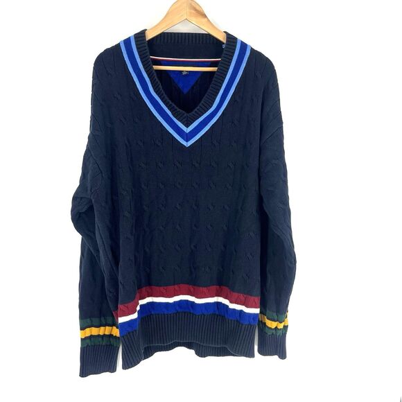 Tommy Hilfiger Sweater Size XXL Mens Navy Y2K V Neck Preppy Varsity Tennis - Picture 1 of 10